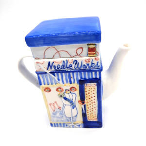 Vintage Porcelain Needle Works Seamstress Shop Storefront Decorative Teapot